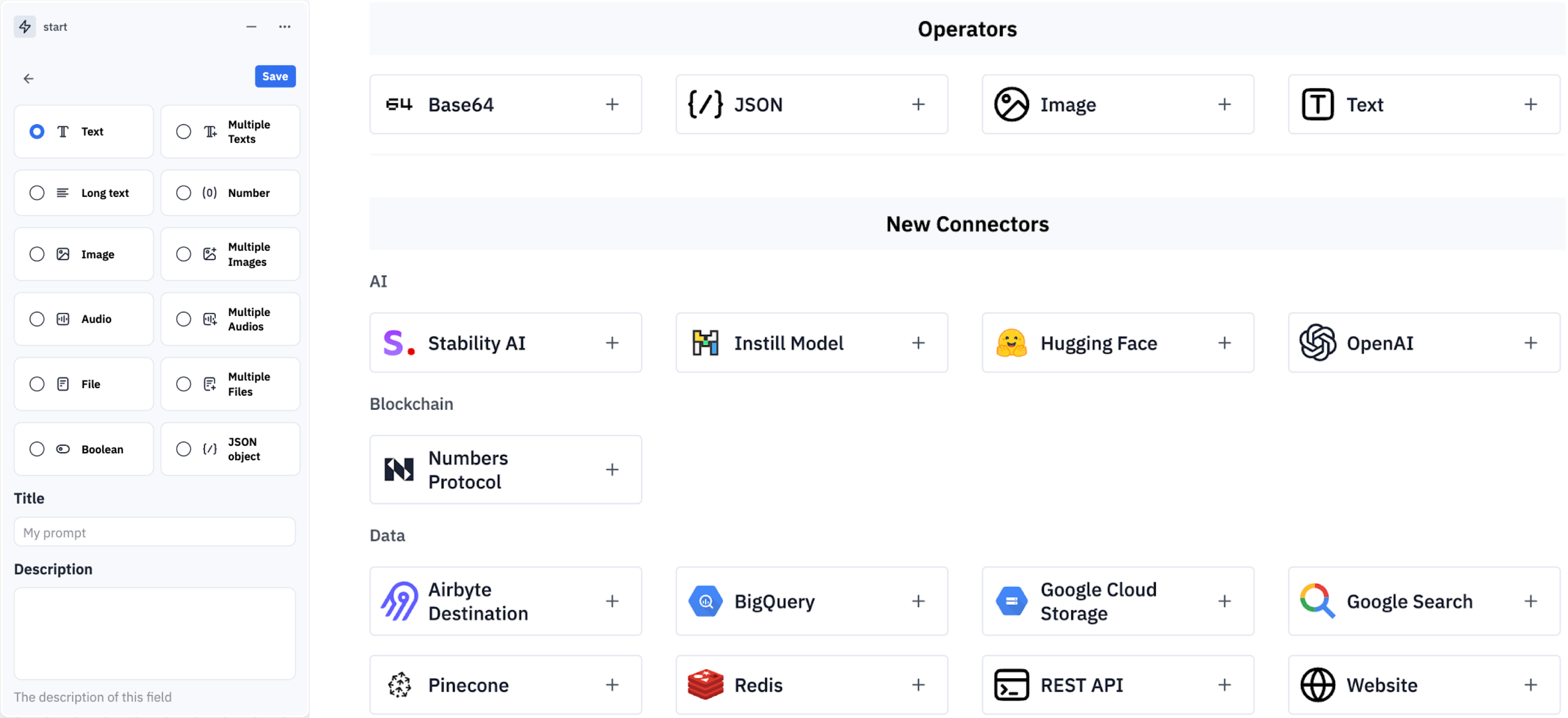 Instill Core 支持文字、圖片、影片、聲音和 JSON 資料作為輸入，通過各種整合進行轉換。